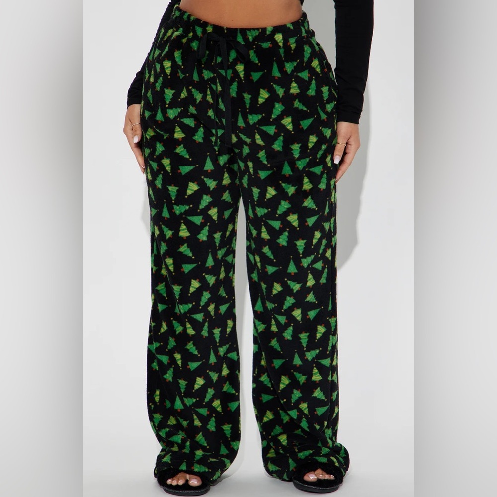 NEW Fashion Nova Christmas Tree Plush Pajama Pants Black Green Holiday Lounge XL